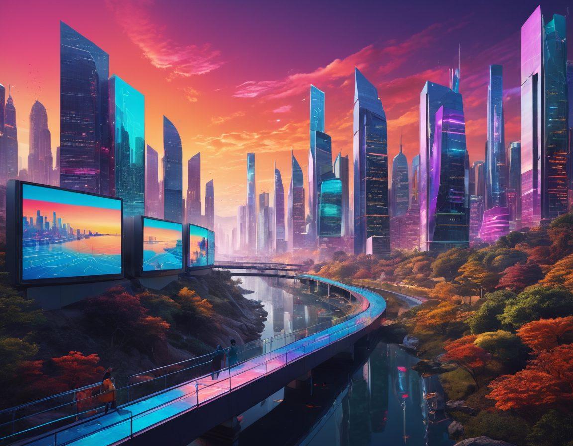 A surreal landscape featuring a winding path through various digital representations of insurance policies, each displayed as colorful floating screens. In the background, diverse individuals at different life stages—young adults, families, retirees—interact with the screens, showcasing the journey of navigating insurance options. A futuristic city skyline looms in the distance, symbolizing the digital age. Bright and inviting colors evoke a sense of hope and guidance. vibrant colors. cyberpunk. 3D.