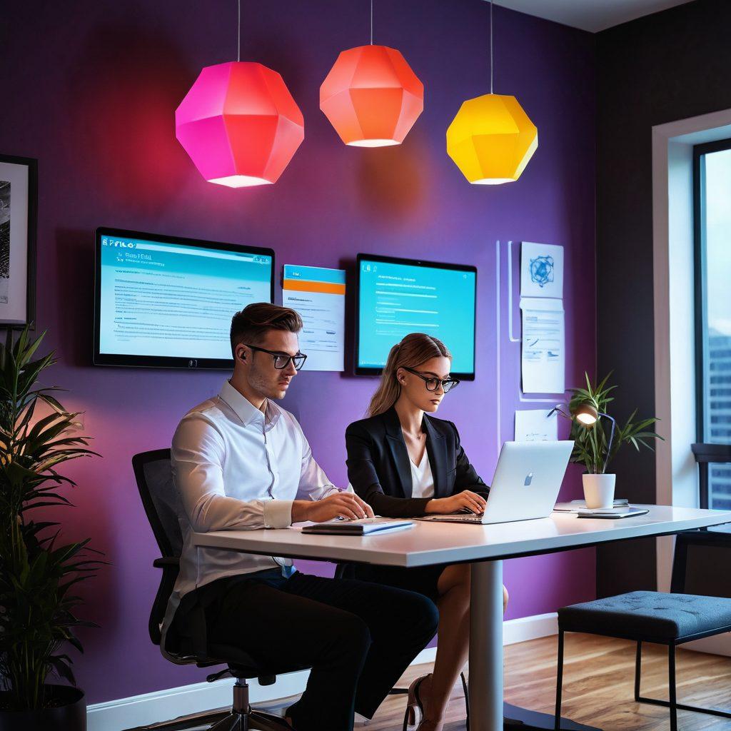 A modern young professional analyzing insurance documents on a sleek laptop, surrounded by digital icons representing various types of insurance like health, auto, and cyber security. The setting is a contemporary home office with a vibrant color palette and futuristic elements. Emotional connection is highlighted through their focused expression. super-realistic. vibrant colors. digital art.