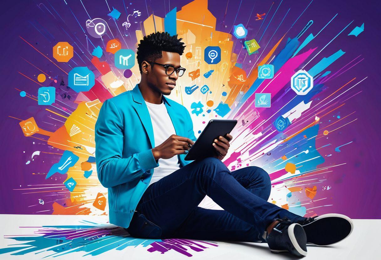 A modern young adult using a digital tablet, surrounded by floating icons of insurance coverage (health, travel, auto, home) in a vibrant urban setting. Include elements that symbolize technology merging with personal finance, such as graphs and charts in the background. The atmosphere should feel dynamic, indicating innovation and accessibility in the world of digital insurance. Pop art style. vibrant colors. white background.